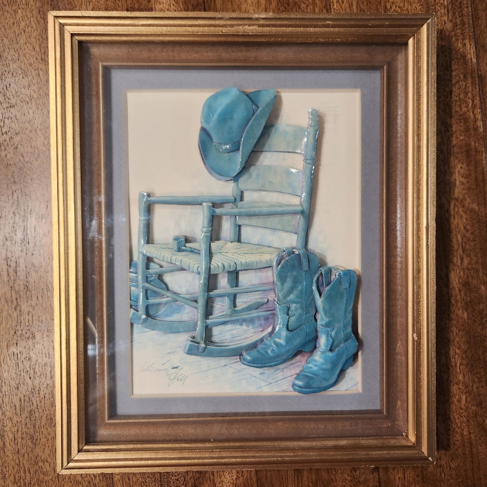 Framed 3D‎ Western Art Rocking Chair Cowboy Boots Hat Blue Signed Arthur sarnoff